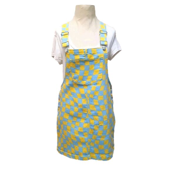Forever 21 Denim Overall Dress Women Sz L Blue Yellow Check Stretch Mini Skirt - Picture 1 of 16